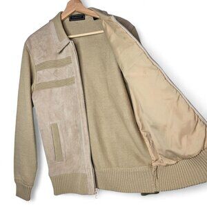 Vintage Saxony Suede Front Sweater Jacket Men Tan Diamond Pattern Full Zip M